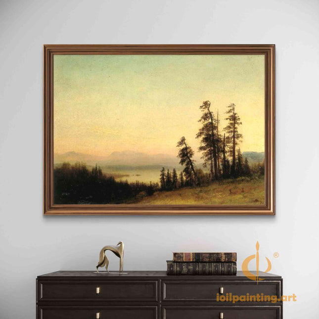 "Albert Bierstadt's 'Lakeside Tranquility' - Hand-Painted Landscape Oil Painting Reproduction"