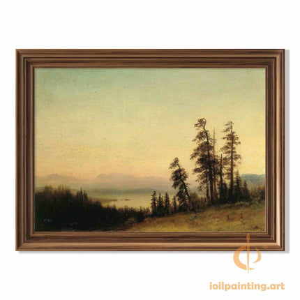 "Albert Bierstadt's 'Lakeside Tranquility' - Hand-Painted Landscape Oil Painting Reproduction"