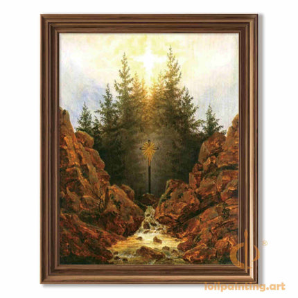 "Caspar David Friedrich's 'Sacred Cross in Wilderness' - Hand-Painted Romantic Oil Painting Reproduction"