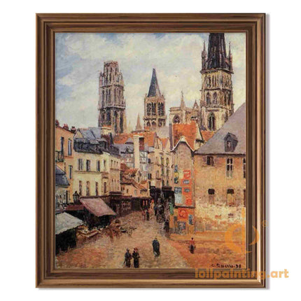 "Camille Pissarro's 'Vibrant Town Square with Church Tower' - Hand-Painted Impressionist Oil Painting Reproduction"