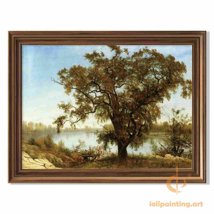 "Albert BIerstadt's 'Lakeside Majesty' - Hand-Painted Impressionist Oil Painting Reproduction"