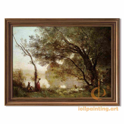 "Camille Corot's 'Serene Landscape with Figures Under Majestic Trees' - Hand-Painted Oil Painting Reproduction"