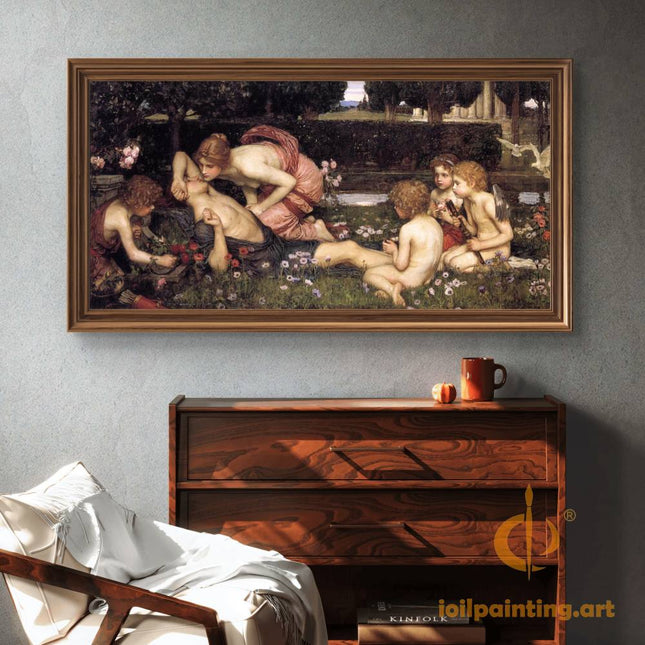 "John William Waterhouse's 'Tender Garden Embrace' - Hand-Painted Oil Painting Reproduction"