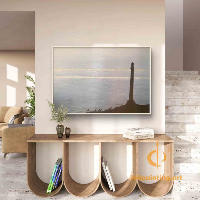"Serene Coastal Lighthouse at Golden Hour - Premium Hand-Painted Oil Reproduction on Canvas"