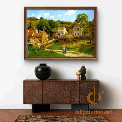 "Camille Pissarro's 'Tranquil Village with Rustic Charm' - Hand-Painted Impressionist Oil Painting Reproduction"