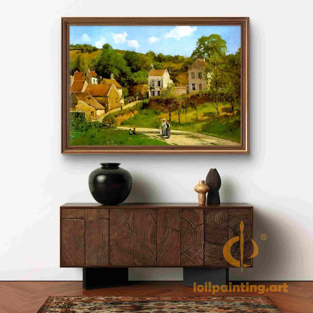 "Camille Pissarro's 'Tranquil Village with Rustic Charm' - Hand-Painted Impressionist Oil Painting Reproduction"