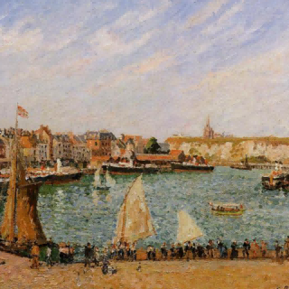 "Camille Pissarro's 'Bustling Harbor Scene' - Hand-Painted Impressionist Oil Painting Reproduction"