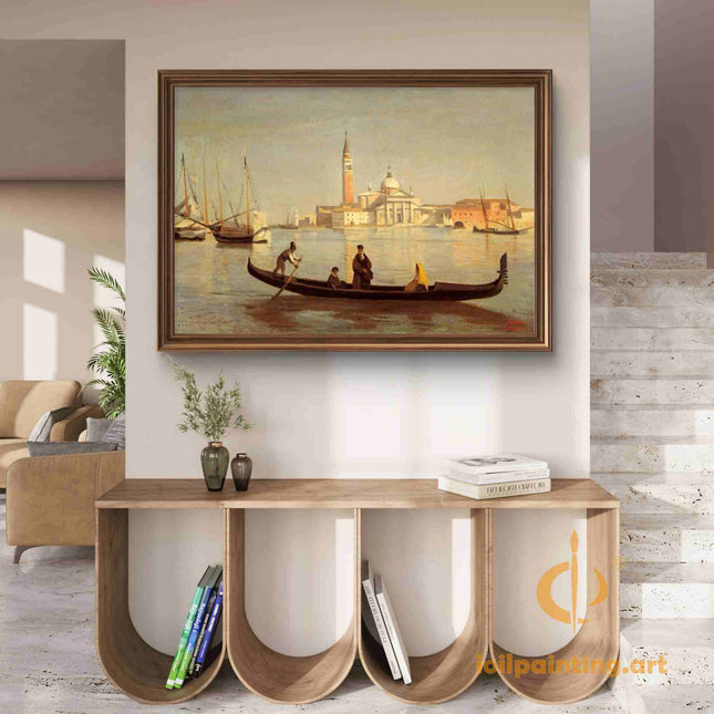 "Camille Corot's 'Venetian Gondola at Sunset' - Hand-Painted Oil Painting Reproduction"