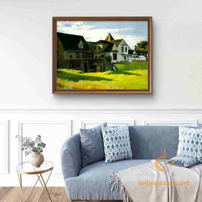 "Edward Hopper's 'Tranquil Country Houses in Sunlight' - Hand-Painted Oil Painting Reproduction"