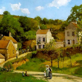 "Camille Pissarro's 'Tranquil Village with Rustic Charm' - Hand-Painted Impressionist Oil Painting Reproduction"