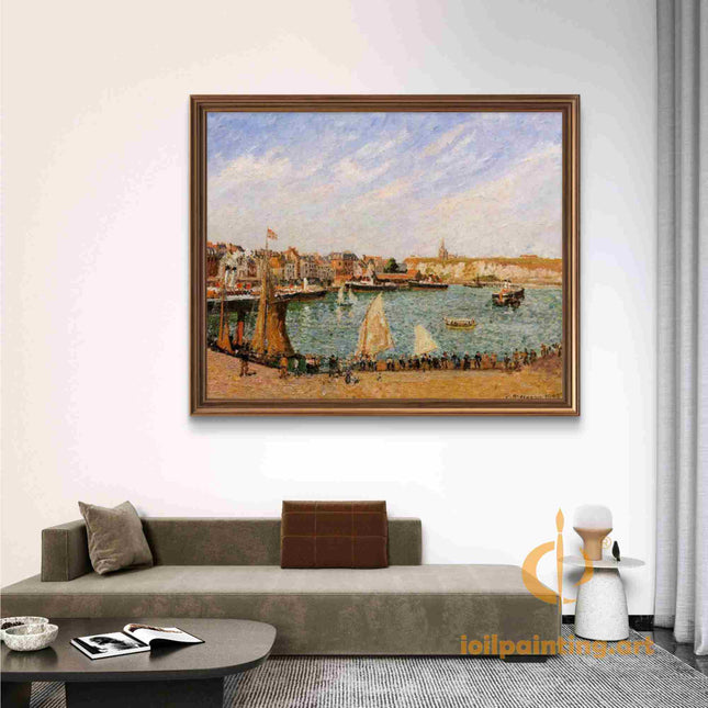 "Camille Pissarro's 'Bustling Harbor Scene' - Hand-Painted Impressionist Oil Painting Reproduction"