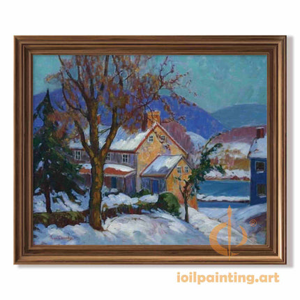 "Premium Hand-Painted Winter Village Oil Reproduction - Snow-Covered Cottage with Pine Trees"