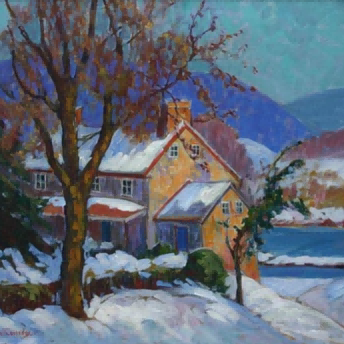 "Premium Hand-Painted Winter Village Oil Reproduction - Snow-Covered Cottage with Pine Trees"