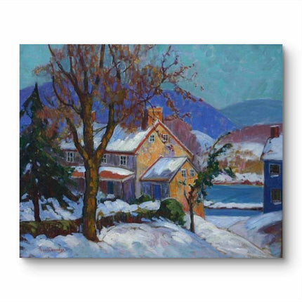 "Premium Hand-Painted Winter Village Oil Reproduction - Snow-Covered Cottage with Pine Trees"