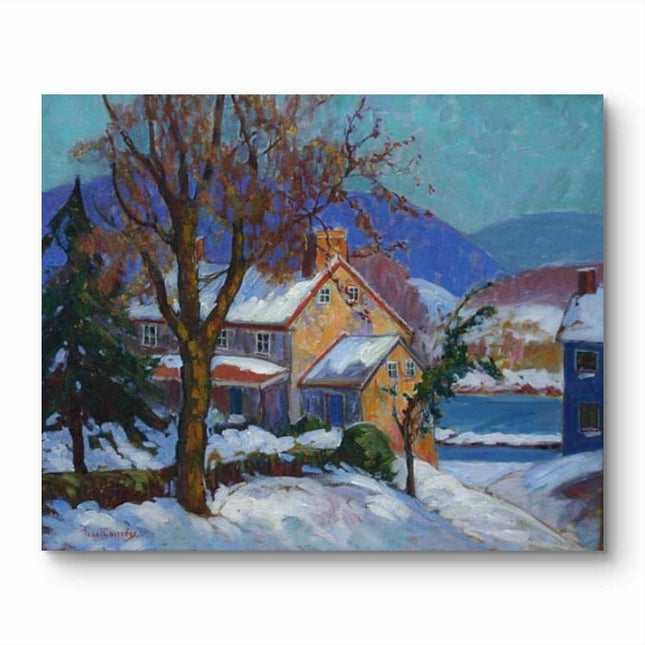 "Premium Hand-Painted Winter Village Oil Reproduction - Snow-Covered Cottage with Pine Trees"