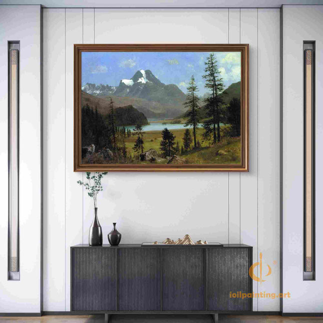 "Albert Bierstadt's 'Alpine Serenity' - Hand-Painted Landscape Oil Painting Reproduction"