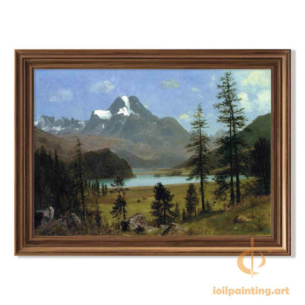 "Albert Bierstadt's 'Alpine Serenity' - Hand-Painted Landscape Oil Painting Reproduction"