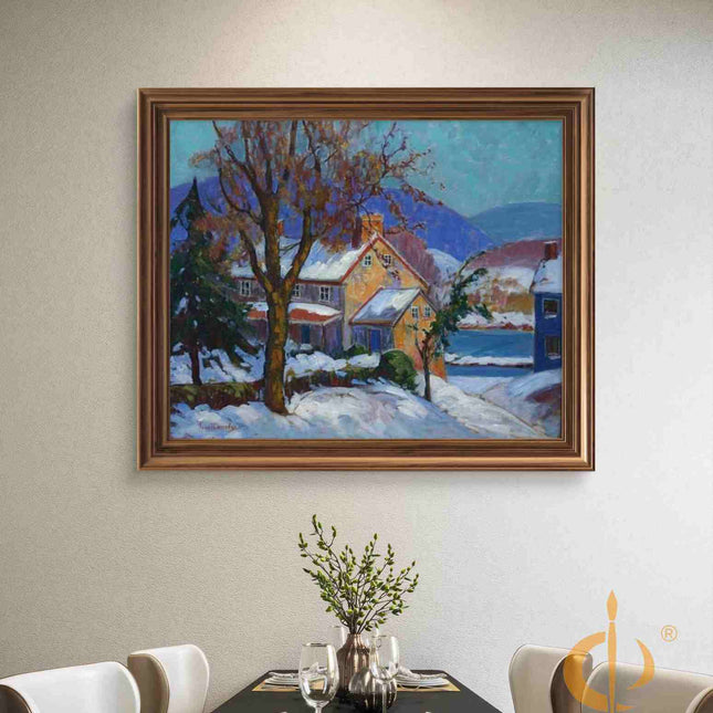 "Premium Hand-Painted Winter Village Oil Reproduction - Snow-Covered Cottage with Pine Trees"