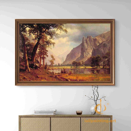 "Albert Bierstadt's 'Mountain Lake Serenity' - Hand-Painted Landscape Oil Painting Reproduction"