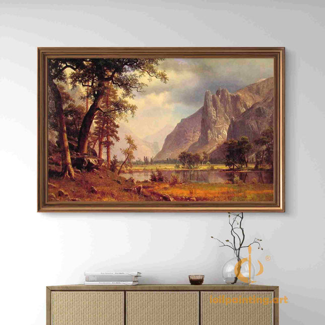 "Albert Bierstadt's 'Mountain Lake Serenity' - Hand-Painted Landscape Oil Painting Reproduction"