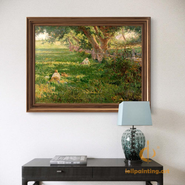 "Julian Onderdonk's 'Pastoral Serenity' Oil Painting Reproduction - Lush Meadow with Resting Figures"