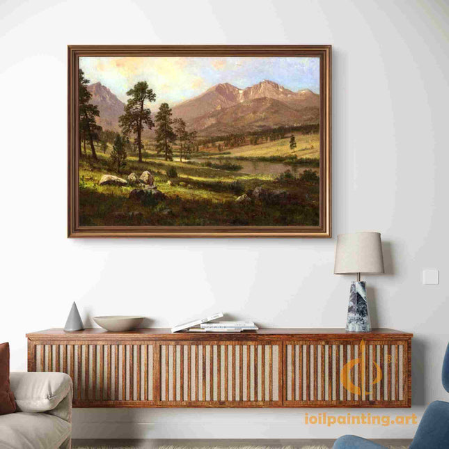 "Albert Bierstadt's 'Mountain Lake Serenity' - Hand-Painted Landscape Oil Painting Reproduction"
