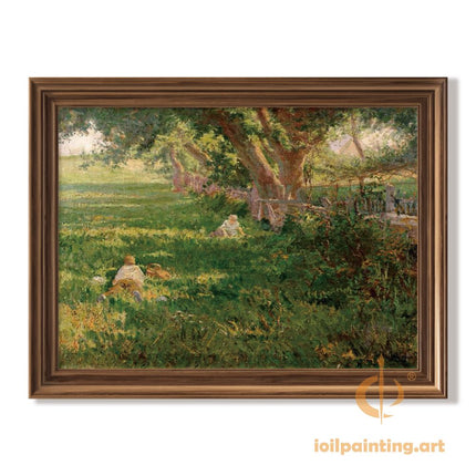 "Julian Onderdonk's 'Pastoral Serenity' Oil Painting Reproduction - Lush Meadow with Resting Figures"