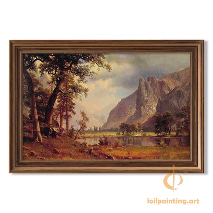 "Albert Bierstadt's 'Mountain Lake Serenity' - Hand-Painted Landscape Oil Painting Reproduction"