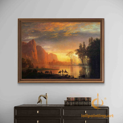 "Albert Bierstadt's 'Golden Sunset Serenity' - Hand-Painted Landscape Oil Painting Reproduction"