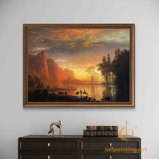 "Albert Bierstadt's 'Golden Sunset Serenity' - Hand-Painted Landscape Oil Painting Reproduction"