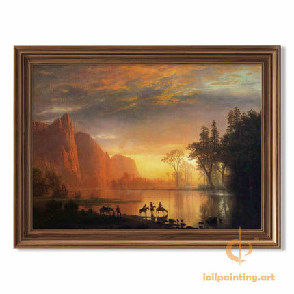 "Albert Bierstadt's 'Golden Sunset Serenity' - Hand-Painted Landscape Oil Painting Reproduction"