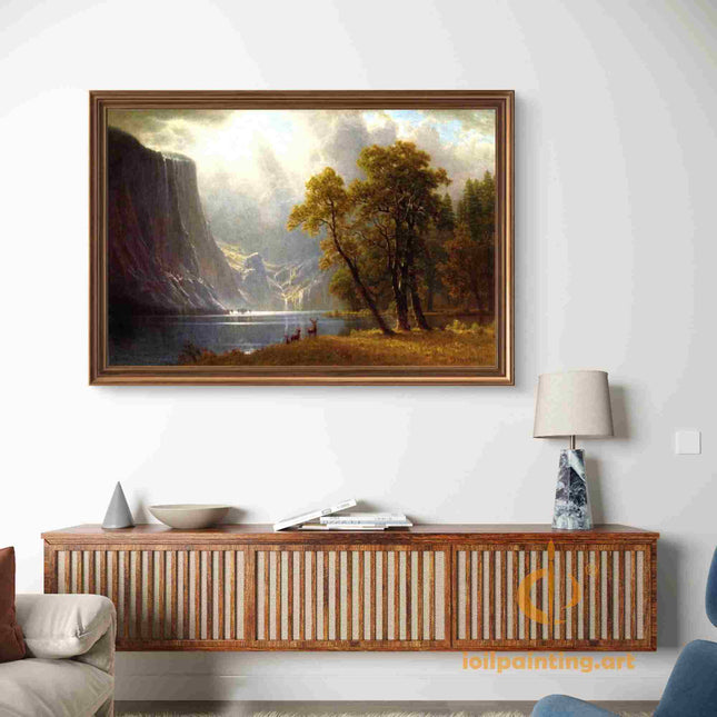 "Albert Bierstadt's 'Lakeside Tranquility' - Hand-Painted Landscape Oil Painting Reproduction"