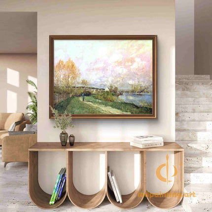 "Claude Monet's 'Evening Stroll by the River' - Hand-Painted Impressionist Oil Painting Reproduction"