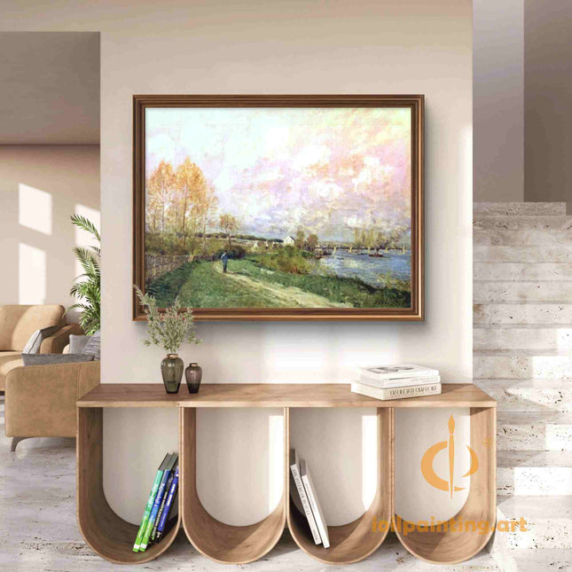 "Claude Monet's 'Evening Stroll by the River' - Hand-Painted Impressionist Oil Painting Reproduction"