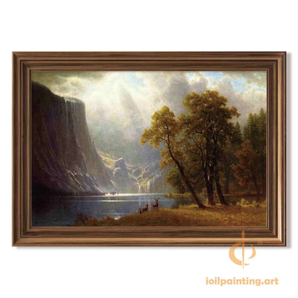 "Albert Bierstadt's 'Lakeside Tranquility' - Hand-Painted Landscape Oil Painting Reproduction"