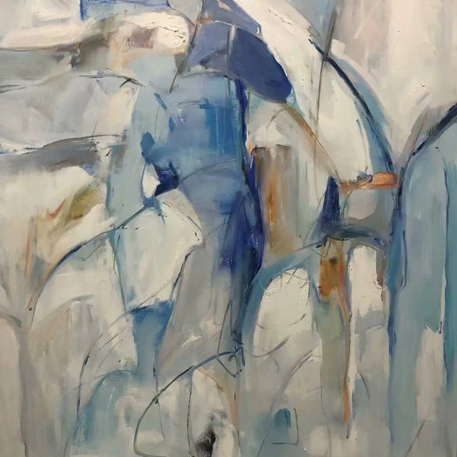 "Cool-Toned Abstract Oil Painting - Serene Blue & Silver Contemporary Art - Handmade Modern Wall Decor"