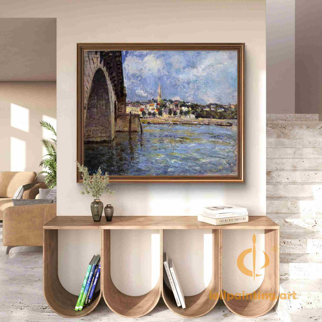 "Alfred Sisley's 'Waterfront Village at Dusk' - Hand-Painted Impressionist Oil Painting Reproduction"