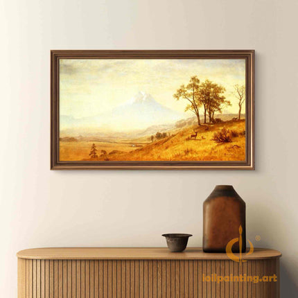 "Albert Bierstadt's 'Mountain Serenity with Deer' - Hand-Painted Landscape Oil Painting Reproduction"