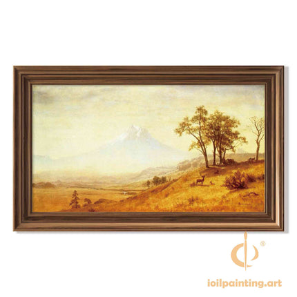 "Albert Bierstadt's 'Mountain Serenity with Deer' - Hand-Painted Landscape Oil Painting Reproduction"