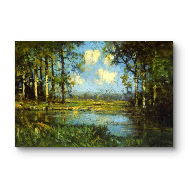 "Julian Onderdonk's 'Lakeside Serenity' Oil Painting Reproduction - Tranquil Waters with Towering Trees"