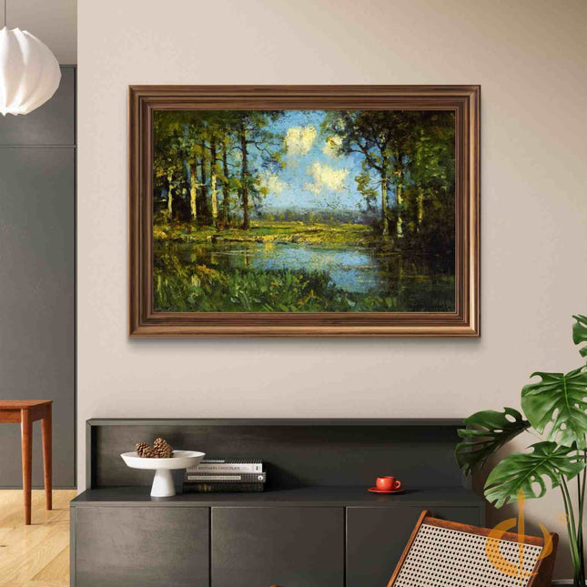 "Julian Onderdonk's 'Lakeside Serenity' Oil Painting Reproduction - Tranquil Waters with Towering Trees"