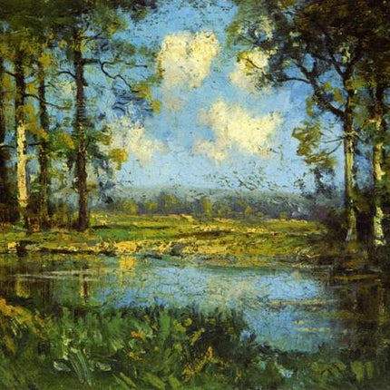 "Julian Onderdonk's 'Lakeside Serenity' Oil Painting Reproduction - Tranquil Waters with Towering Trees"