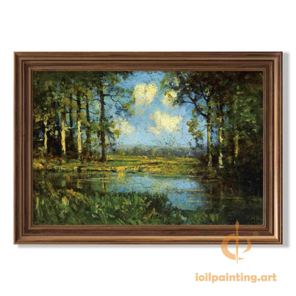 "Julian Onderdonk's 'Lakeside Serenity' Oil Painting Reproduction - Tranquil Waters with Towering Trees"