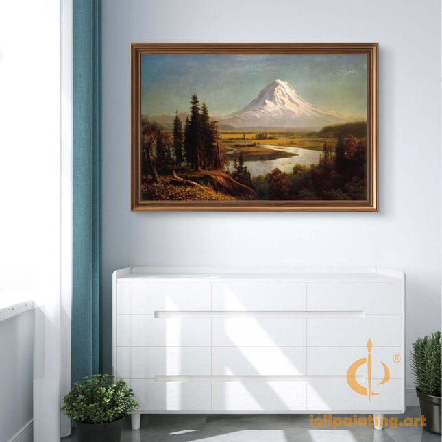 "Albert Bierstadt's 'Alpine Majesty' - Hand-Painted Landscape Oil Painting Reproduction"