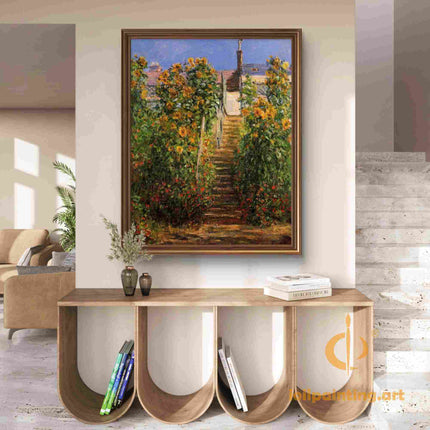 "Claude Monet's 'Garden Stairway with Sunflowers' - Hand-Painted Oil Painting Reproduction"