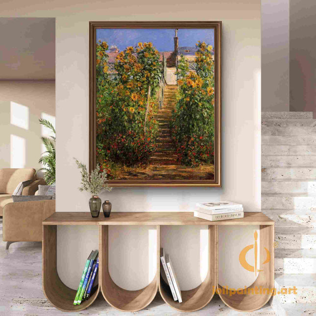 "Claude Monet's 'Garden Stairway with Sunflowers' - Hand-Painted Oil Painting Reproduction"