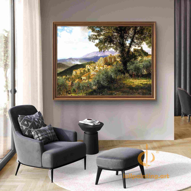 "Albert Bierstadt's 'Charming Hillside Village' - Hand-Painted Landscape Oil Painting Reproduction"