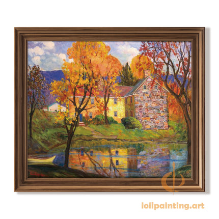 "Autumn Countryside with Stone Cottage - Premium Hand-Painted Oil Reproduction on Canvas"