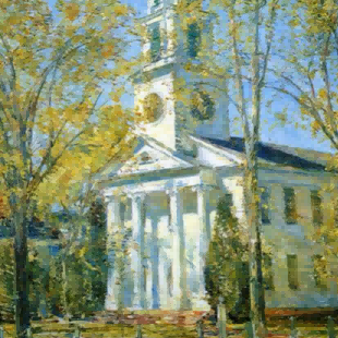 "Childe Hassam's 'Classic Autumn Church' Landscape - Hand-Painted Architectural Oil Painting Reproduction"