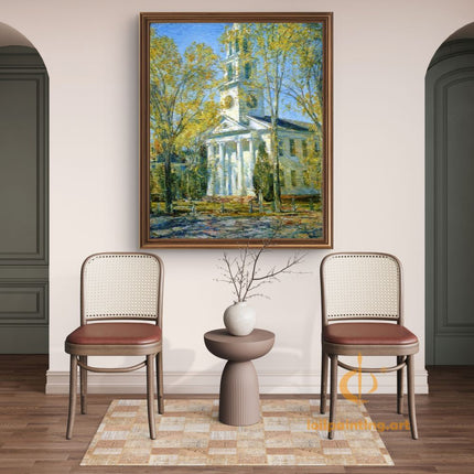 "Childe Hassam's 'Classic Autumn Church' Landscape - Hand-Painted Architectural Oil Painting Reproduction"